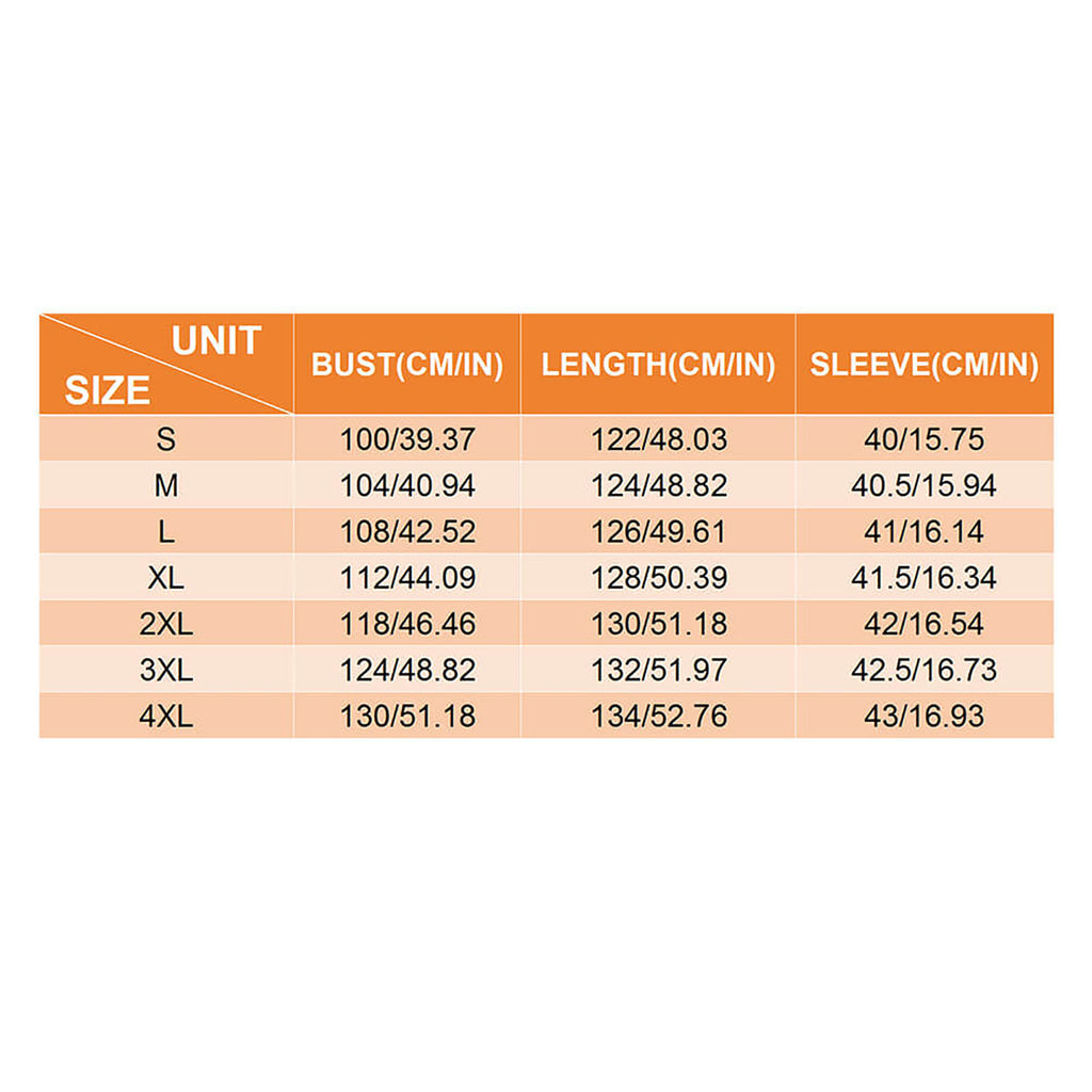 Size chart for clothing with measurements in centimeters and inches.