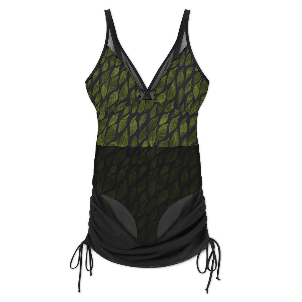 Leaf Drift Dark One-Piece Swimsuit with Skirt