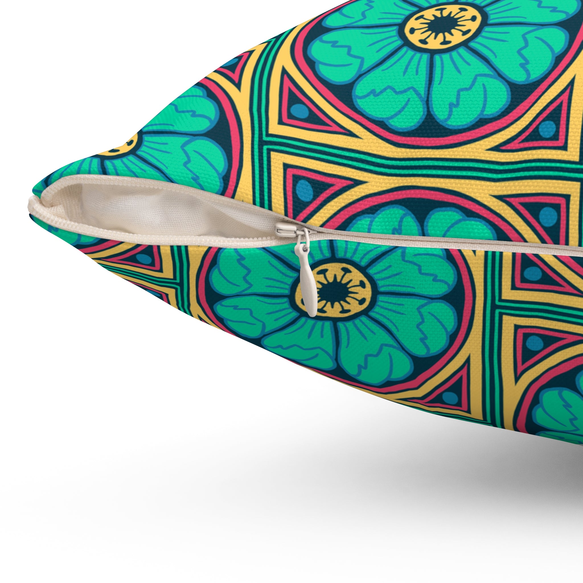Decorative pillow featuring the Heritage Rosette in Lagoon Pop pattern with bright teal, coral, cream, and floral-inspired geometric details in a bold all-over design. Colorful home decor accent with retro folk art aesthetic, maximalist interior style, whimsical botanical artwork, indie decor vibe, playful vintage pattern, and artsy statement decor perfect for bedrooms, sofas, reading nooks, apartments, and eclectic colorful living spaces.