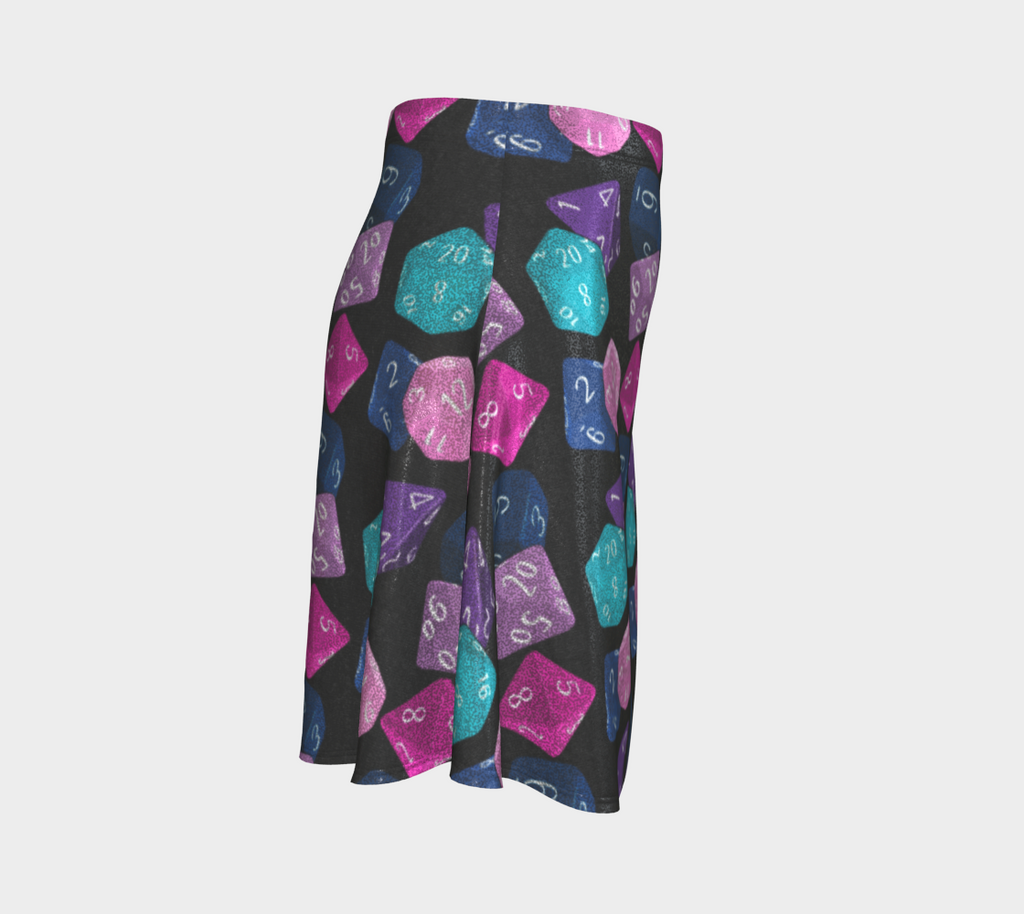 Flared skirt featuring a colorful polyhedral dice pattern with glitter-inspired details in an all-over tabletop gaming print. Playful statement skirt with nerdy maximalist aesthetic, Dungeons and Dragons inspired fashion, indie streetwear, whimsical gamer apparel, expressive queer friendly style, retro novelty fashion, artsy alternative clothing, and fun geek chic outfit perfect for conventions, festivals, game nights, concerts, parties, and everyday alternative wear.