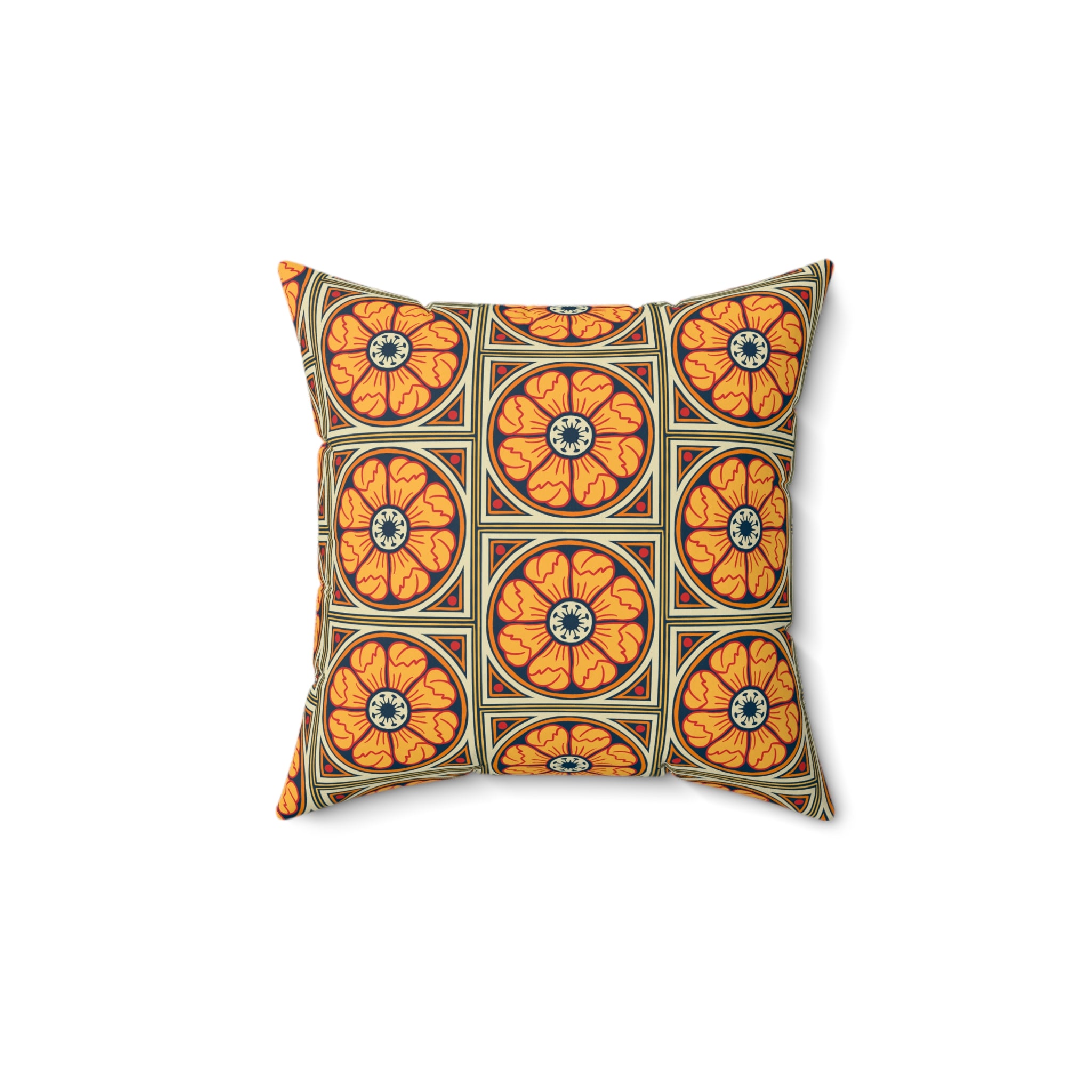Decorative pillow featuring the Heritage Rosette in Golden Marigold pattern with warm golden yellow, cream, and floral-inspired geometric details in a vintage all-over design. Cozy home decor accent with retro folk art aesthetic, cottagecore style, maximalist interior decor, botanical inspired artwork, earthy bohemian vibe, whimsical vintage pattern, and artsy statement decor perfect for bedrooms, sofas, reading nooks, apartments, and eclectic colorful living spaces.