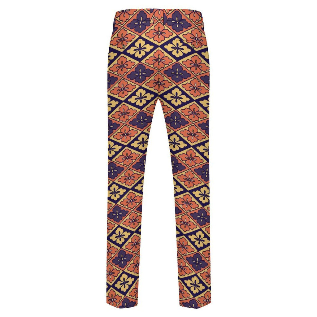 Dress pants featuring the Bloomgrid in Disco Dahlia pattern with vibrant pink, orange, and cream geometric floral shapes in a retro-inspired all-over print. Statement trousers with maximalist fashion aesthetic, mod inspired style, indie streetwear, expressive queer friendly fashion, colorful geometric artwork, artsy alternative clothing, retro resort vibe, and bold patterned pants perfect for concerts, festivals, nightlife, creative workwear, parties, and everyday alternative fashion.