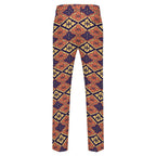 Dress pants featuring the Bloomgrid in Disco Dahlia pattern with vibrant pink, orange, and cream geometric floral shapes in a retro-inspired all-over print. Statement trousers with maximalist fashion aesthetic, mod inspired style, indie streetwear, expressive queer friendly fashion, colorful geometric artwork, artsy alternative clothing, retro resort vibe, and bold patterned pants perfect for concerts, festivals, nightlife, creative workwear, parties, and everyday alternative fashion.