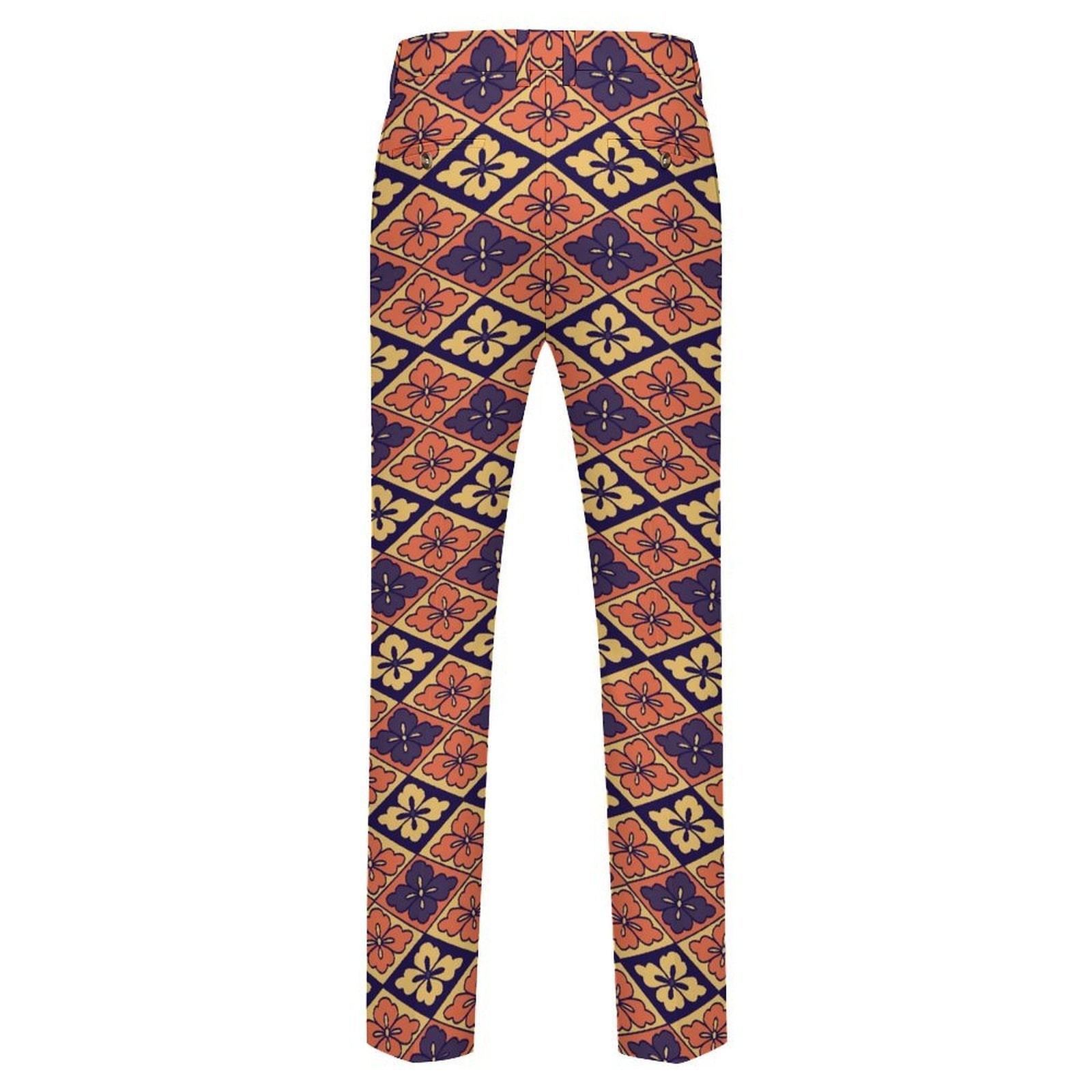 Dress pants featuring the Bloomgrid in Disco Dahlia pattern with vibrant pink, orange, and cream geometric floral shapes in a retro-inspired all-over print. Statement trousers with maximalist fashion aesthetic, mod inspired style, indie streetwear, expressive queer friendly fashion, colorful geometric artwork, artsy alternative clothing, retro resort vibe, and bold patterned pants perfect for concerts, festivals, nightlife, creative workwear, parties, and everyday alternative fashion.