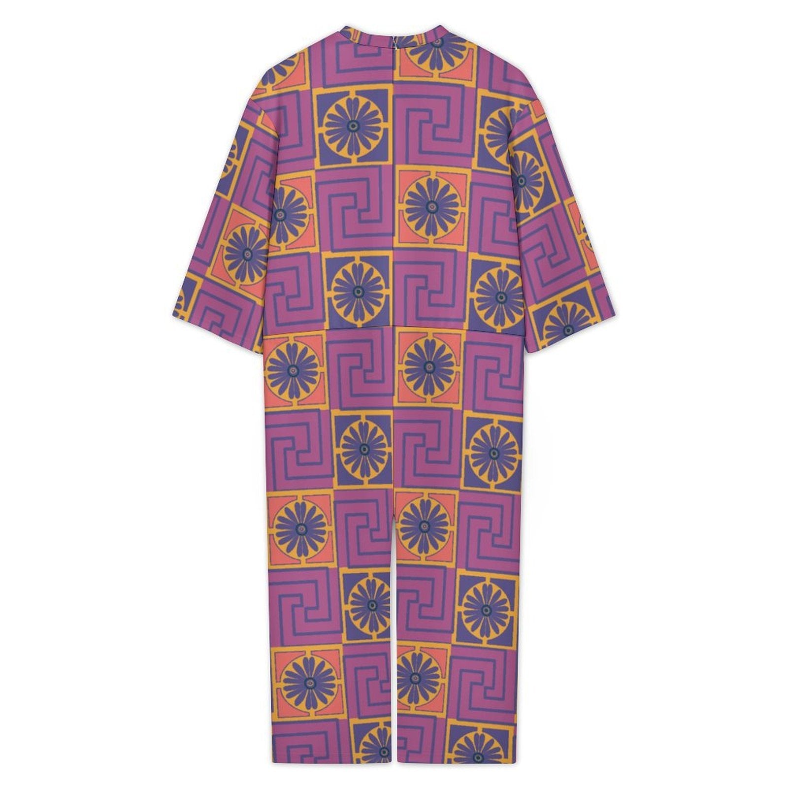 3/4 sleeve jumpsuit featuring the Petal Circuit in Disco Fig pattern with bold purple, pink, orange, and cream geometric floral shapes in a retro-inspired all-over print. Relaxed statement outfit with maximalist fashion aesthetic, indie streetwear, mod inspired design, expressive queer friendly fashion, artsy casualwear, colorful geometric artwork, and playful alternative clothing perfect for festivals, vacations, brunch, concerts, creative everyday wear, and bold summer outfits.