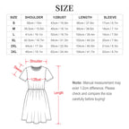 Size chart for a dress with measurements in centimeters and inches.