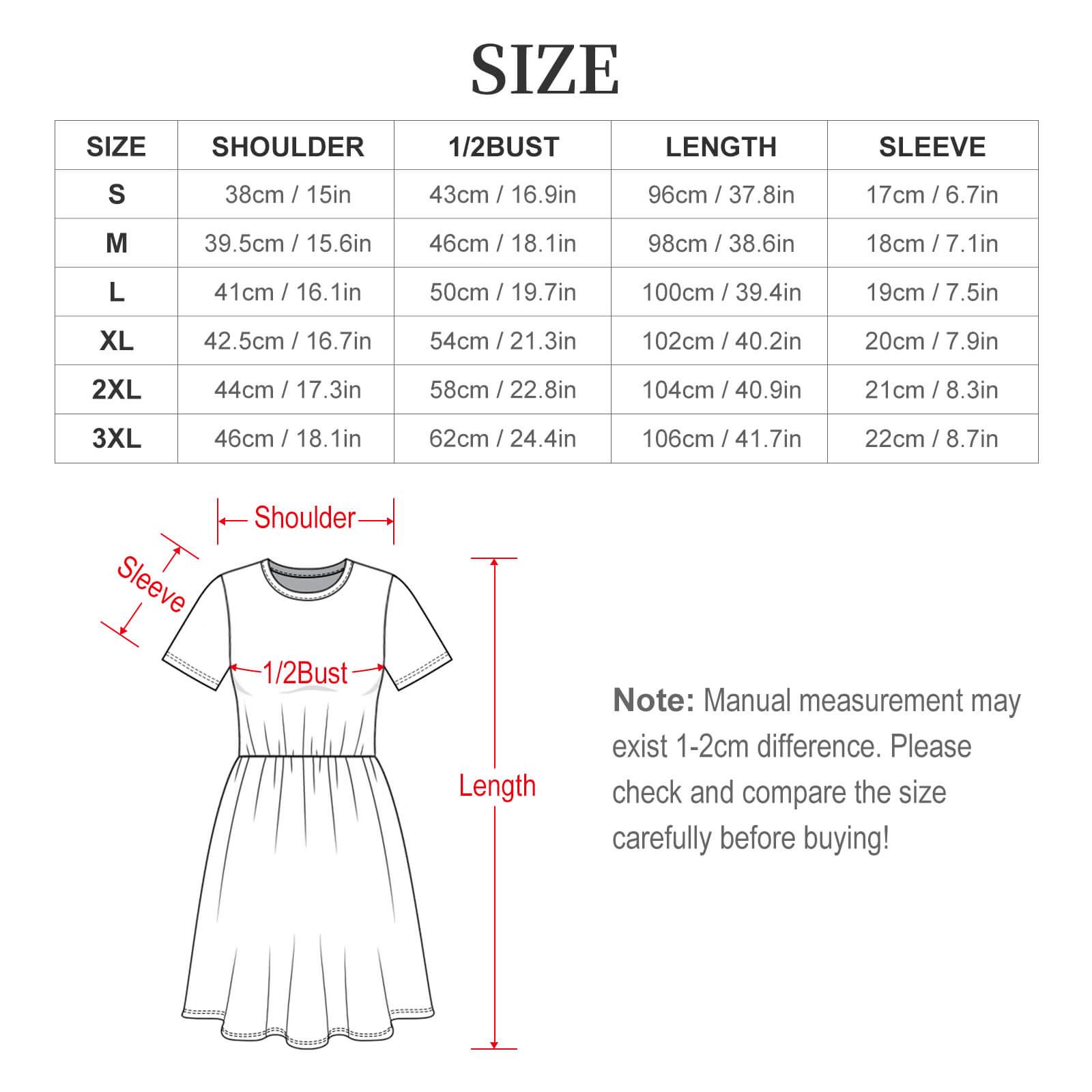 Size chart for a dress with measurements in centimeters and inches.