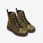 Boots featuring a whimsical mushroom pattern in a colorful woodland-inspired all-over print design. Alternative fashion footwear with cottagecore aesthetic, fantasy inspired style, indie streetwear, earthy maximalist fashion, whimsical nature artwork, expressive queer friendly fashion, retro woodland design, artsy alternative shoes, and statement combat boots perfect for festivals, concerts, casual outfits, forestcore fashion, and everyday alternative wear.