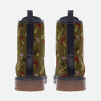 Boots featuring a whimsical mushroom pattern in a colorful woodland-inspired all-over print design. Alternative fashion footwear with cottagecore aesthetic, fantasy inspired style, indie streetwear, earthy maximalist fashion, whimsical nature artwork, expressive queer friendly fashion, retro woodland design, artsy alternative shoes, and statement combat boots perfect for festivals, concerts, casual outfits, forestcore fashion, and everyday alternative wear.