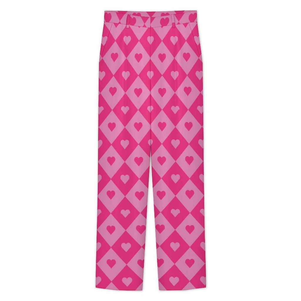 Dress pants featuring a bold heart and diamond pattern in a playful all-over print design. Statement trousers with retro mod aesthetic, colorful geometric fashion, indie streetwear, maximalist style, expressive queer friendly fashion, artsy alternative clothing, whimsical graphic pattern, and bold patterned pants perfect for concerts, parties, festivals, creative workwear, nightlife, and everyday alternative fashion.