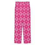 Dress pants featuring a bold heart and diamond pattern in a playful all-over print design. Statement trousers with retro mod aesthetic, colorful geometric fashion, indie streetwear, maximalist style, expressive queer friendly fashion, artsy alternative clothing, whimsical graphic pattern, and bold patterned pants perfect for concerts, parties, festivals, creative workwear, nightlife, and everyday alternative fashion.