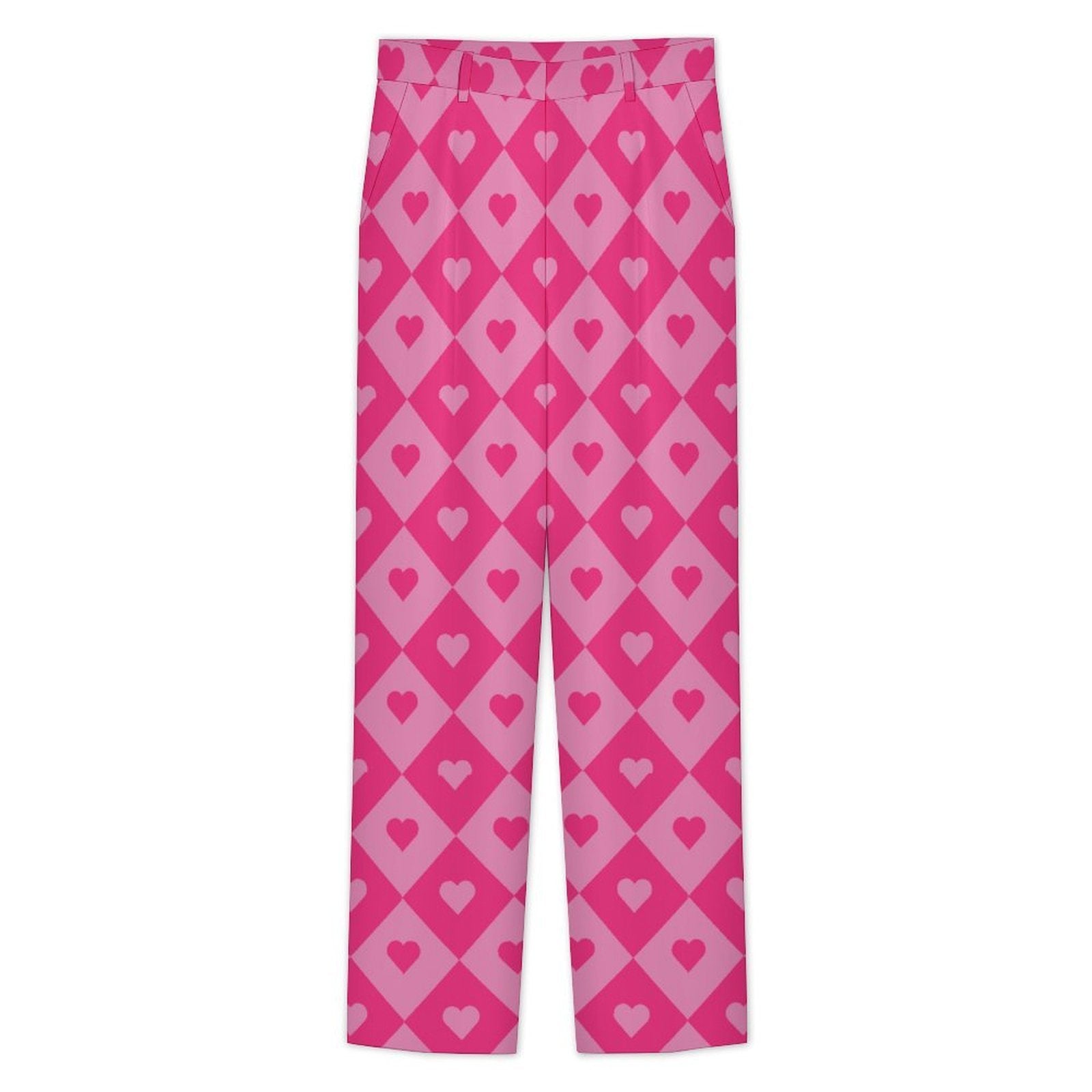 Dress pants featuring a bold heart and diamond pattern in a playful all-over print design. Statement trousers with retro mod aesthetic, colorful geometric fashion, indie streetwear, maximalist style, expressive queer friendly fashion, artsy alternative clothing, whimsical graphic pattern, and bold patterned pants perfect for concerts, parties, festivals, creative workwear, nightlife, and everyday alternative fashion.