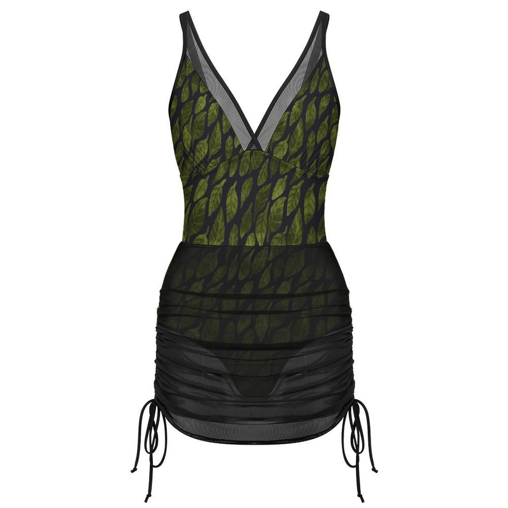 Leaf Drift Dark One-Piece Swimsuit with Skirt