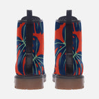 Boots featuring the Monstera Bold pattern with oversized tropical monstera leaves in a lush green all-over botanical print. Alternative fashion footwear with jungle aesthetic, maximalist fashion, indie streetwear, earthy resort style, expressive queer friendly fashion, retro-inspired tropical design, botanical artwork, artsy alternative shoes, and statement combat boots perfect for festivals, vacations, concerts, casual outfits, and everyday alternative wear.