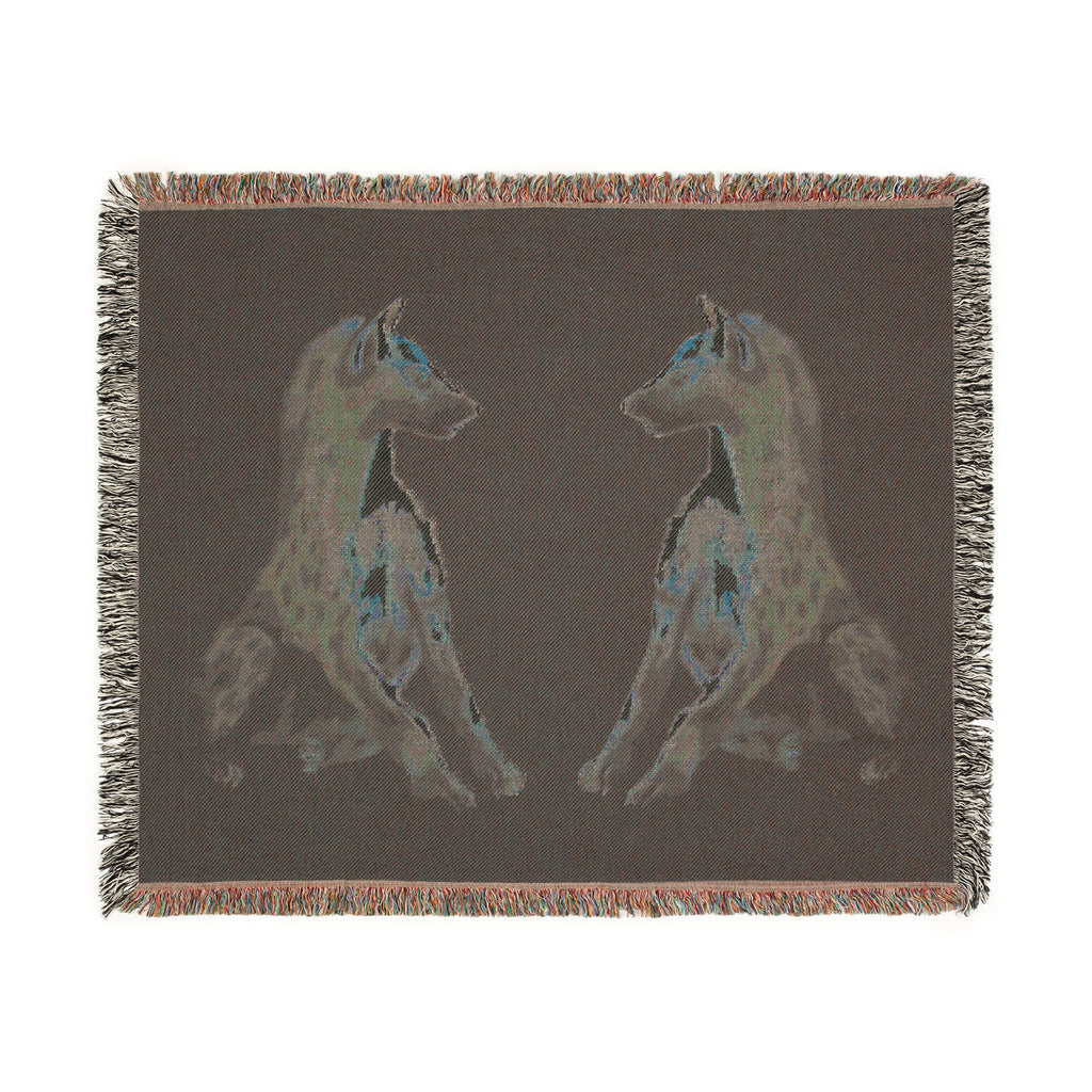 Woven blanket featuring illustrated hyena pups in a cozy wildlife-inspired design with warm earthy tones and detailed animal artwork. Soft statement blanket with nature lover aesthetic, safari inspired decor, whimsical wildlife art, maximalist home decor, indie illustration style, cozy cottagecore vibe, and expressive alternative decor perfect for bedrooms, reading nooks, couches, gifts, and colorful eclectic living spaces.