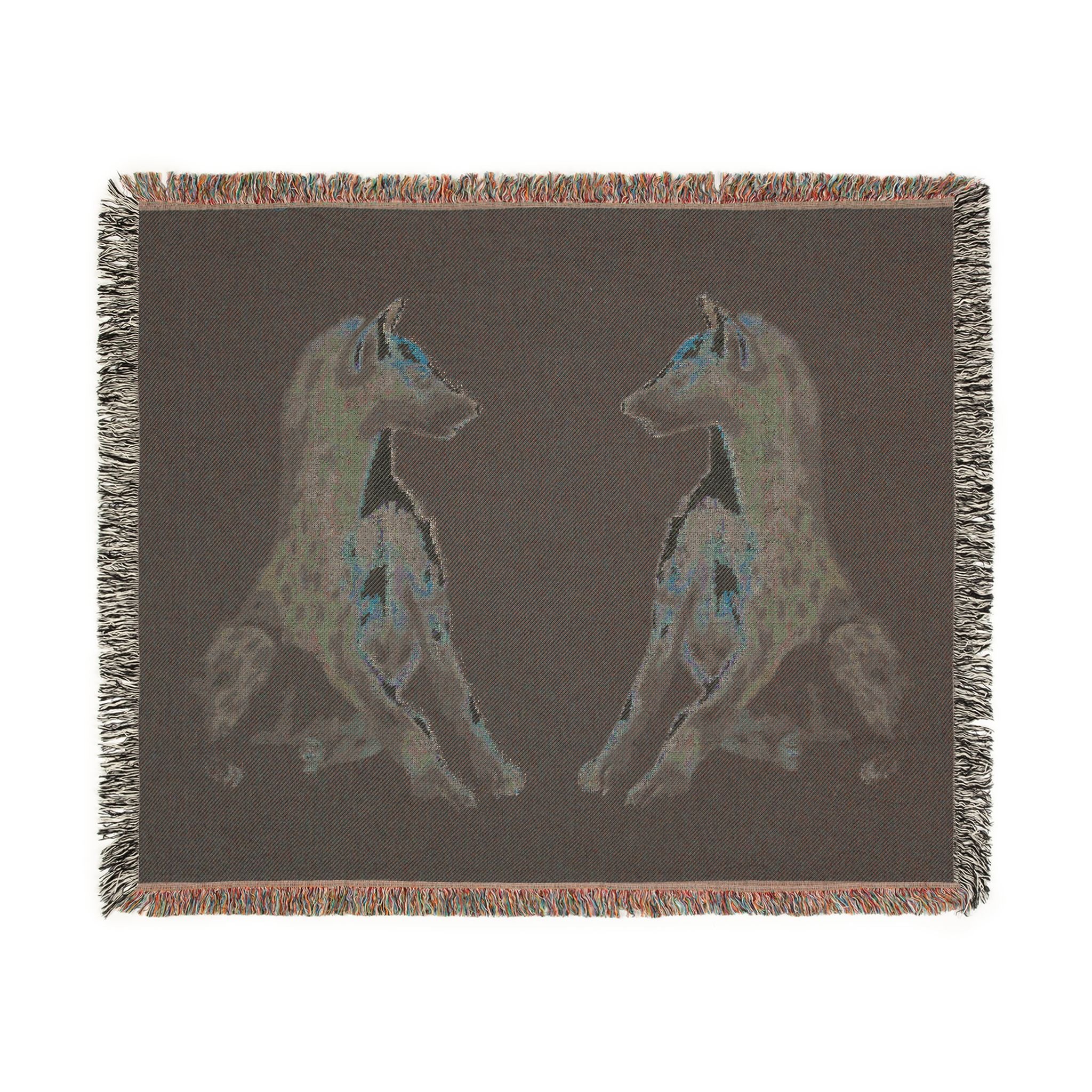 Woven blanket featuring illustrated hyena pups in a cozy wildlife-inspired design with warm earthy tones and detailed animal artwork. Soft statement blanket with nature lover aesthetic, safari inspired decor, whimsical wildlife art, maximalist home decor, indie illustration style, cozy cottagecore vibe, and expressive alternative decor perfect for bedrooms, reading nooks, couches, gifts, and colorful eclectic living spaces.