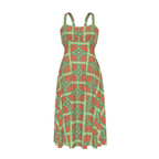 High-waist suspender dress with a soft flowy silhouette and feminine vintage-inspired design. Alternative fashion dress with indie streetwear aesthetic, cottagecore style, whimsical casualwear, expressive queer friendly fashion, artsy everyday outfit, retro inspired silhouette, and playful statement clothing perfect for brunch, vacations, festivals, casual outings, summer wear, and everyday alternative fashion.