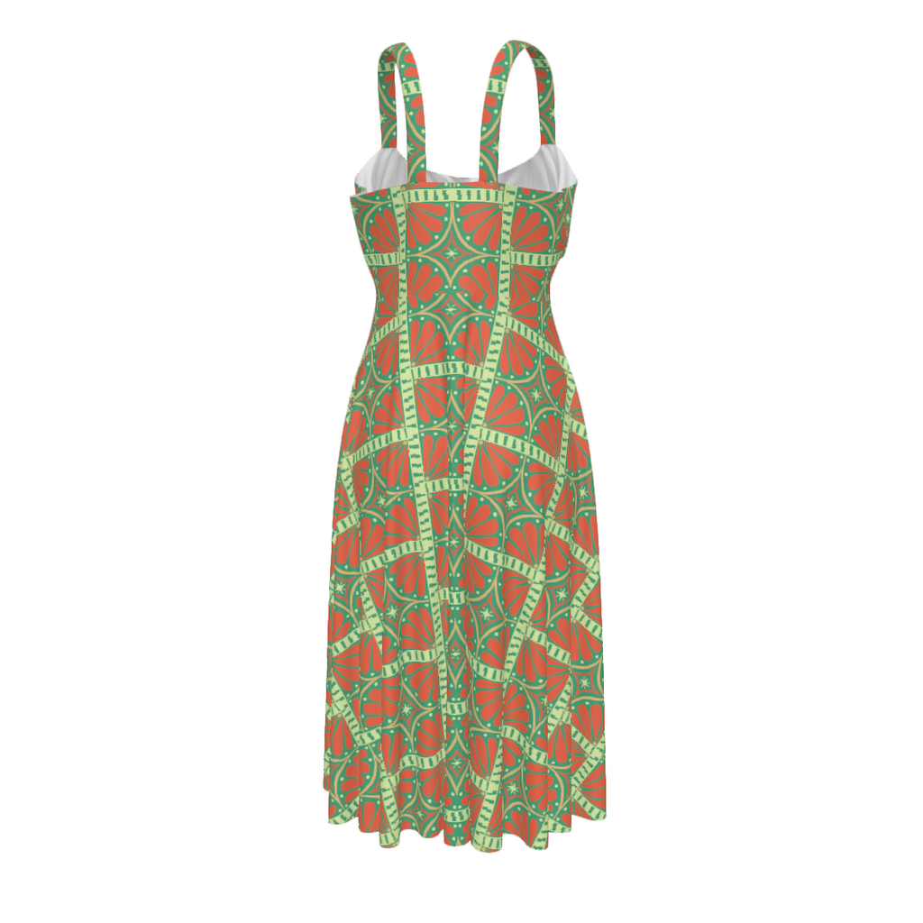 High-waist suspender dress with a soft flowy silhouette and feminine vintage-inspired design. Alternative fashion dress with indie streetwear aesthetic, cottagecore style, whimsical casualwear, expressive queer friendly fashion, artsy everyday outfit, retro inspired silhouette, and playful statement clothing perfect for brunch, vacations, festivals, casual outings, summer wear, and everyday alternative fashion.