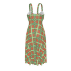 High-waist suspender dress with a soft flowy silhouette and feminine vintage-inspired design. Alternative fashion dress with indie streetwear aesthetic, cottagecore style, whimsical casualwear, expressive queer friendly fashion, artsy everyday outfit, retro inspired silhouette, and playful statement clothing perfect for brunch, vacations, festivals, casual outings, summer wear, and everyday alternative fashion.