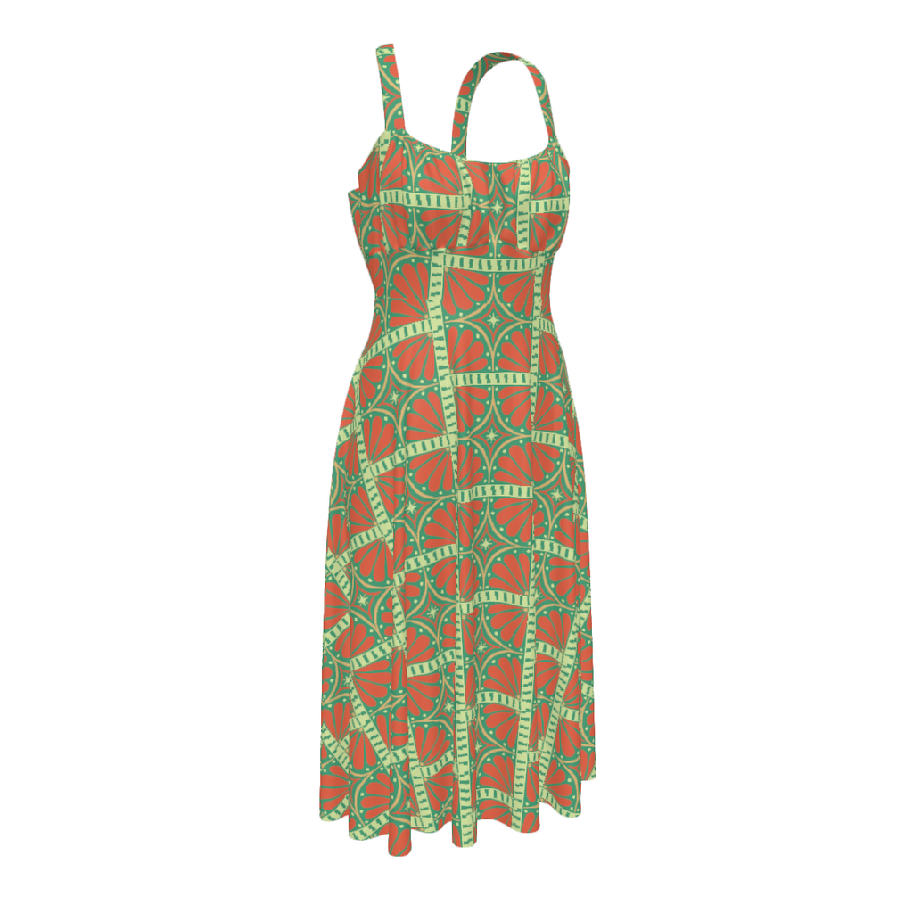 High-waist suspender dress with a soft flowy silhouette and feminine vintage-inspired design. Alternative fashion dress with indie streetwear aesthetic, cottagecore style, whimsical casualwear, expressive queer friendly fashion, artsy everyday outfit, retro inspired silhouette, and playful statement clothing perfect for brunch, vacations, festivals, casual outings, summer wear, and everyday alternative fashion.
