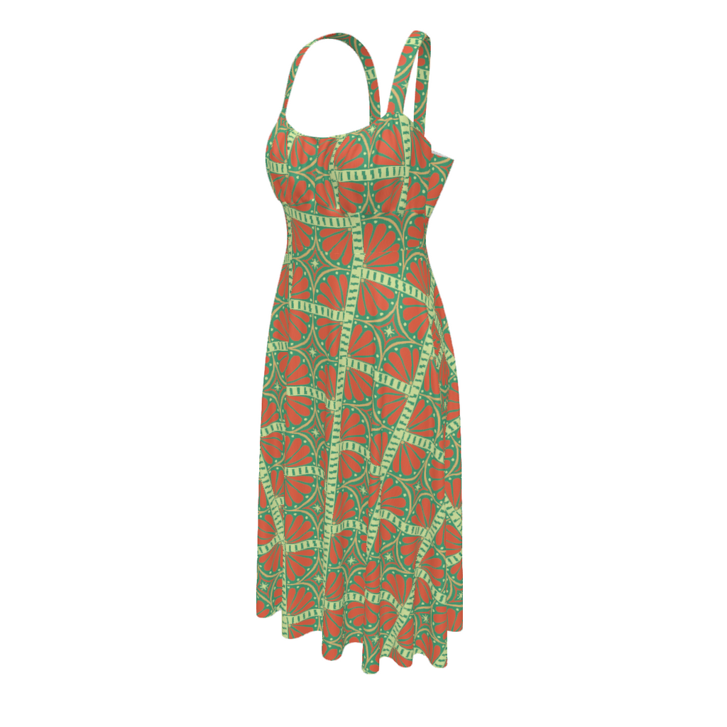 High-waist suspender dress with a soft flowy silhouette and feminine vintage-inspired design. Alternative fashion dress with indie streetwear aesthetic, cottagecore style, whimsical casualwear, expressive queer friendly fashion, artsy everyday outfit, retro inspired silhouette, and playful statement clothing perfect for brunch, vacations, festivals, casual outings, summer wear, and everyday alternative fashion.
