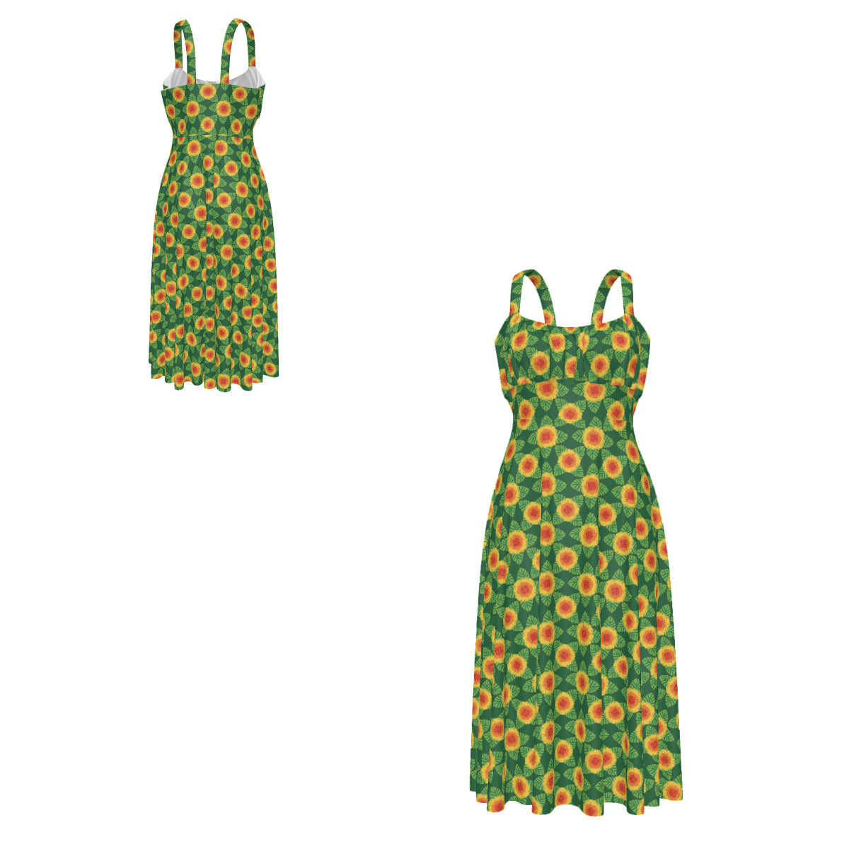 High-waist suspender dress featuring the Folkbloom pattern with colorful floral motifs and vintage-inspired botanical details in an ornate all-over print. Flowy statement dress with folk art aesthetic, cottagecore style, maximalist fashion, whimsical floral artwork, expressive queer friendly fashion, retro botanical design, artsy everyday wear, and playful alternative clothing perfect for brunch, vacations, festivals, casual outings, summer wear, and creative everyday fashion.