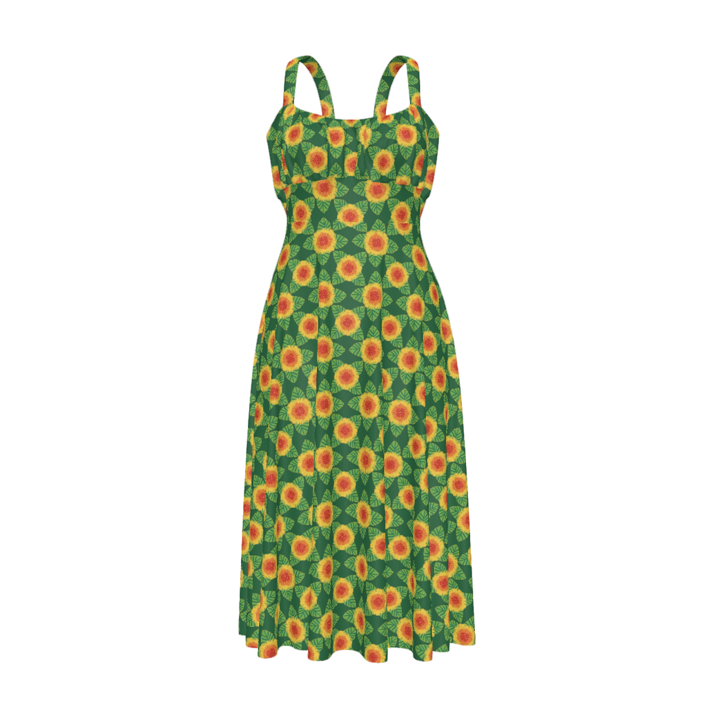High-waist suspender dress featuring the Folkbloom pattern with colorful floral motifs and vintage-inspired botanical details in an ornate all-over print. Flowy statement dress with folk art aesthetic, cottagecore style, maximalist fashion, whimsical floral artwork, expressive queer friendly fashion, retro botanical design, artsy everyday wear, and playful alternative clothing perfect for brunch, vacations, festivals, casual outings, summer wear, and creative everyday fashion.