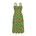 High-waist suspender dress featuring the Folkbloom pattern with colorful floral motifs and vintage-inspired botanical details in an ornate all-over print. Flowy statement dress with folk art aesthetic, cottagecore style, maximalist fashion, whimsical floral artwork, expressive queer friendly fashion, retro botanical design, artsy everyday wear, and playful alternative clothing perfect for brunch, vacations, festivals, casual outings, summer wear, and creative everyday fashion.