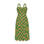 High-waist suspender dress featuring the Folkbloom pattern with colorful floral motifs and vintage-inspired botanical details in an ornate all-over print. Flowy statement dress with folk art aesthetic, cottagecore style, maximalist fashion, whimsical floral artwork, expressive queer friendly fashion, retro botanical design, artsy everyday wear, and playful alternative clothing perfect for brunch, vacations, festivals, casual outings, summer wear, and creative everyday fashion.