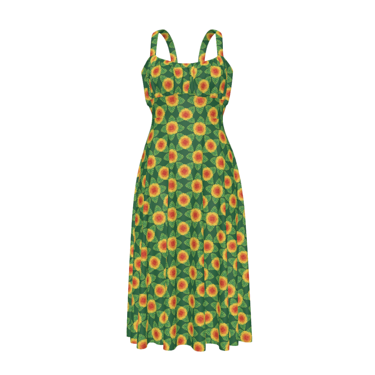 High-waist suspender dress featuring the Folkbloom pattern with colorful floral motifs and vintage-inspired botanical details in an ornate all-over print. Flowy statement dress with folk art aesthetic, cottagecore style, maximalist fashion, whimsical floral artwork, expressive queer friendly fashion, retro botanical design, artsy everyday wear, and playful alternative clothing perfect for brunch, vacations, festivals, casual outings, summer wear, and creative everyday fashion.
