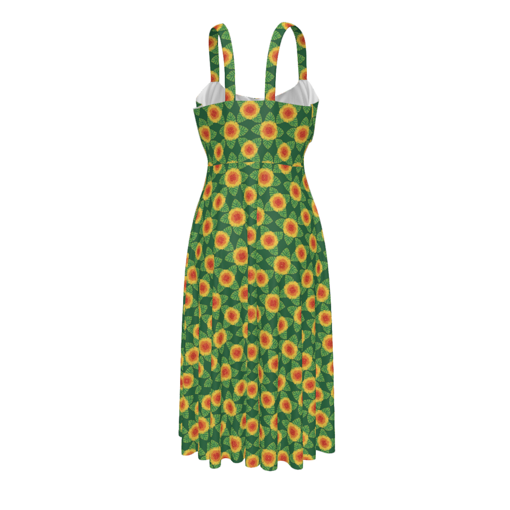 High-waist suspender dress featuring the Folkbloom pattern with colorful floral motifs and vintage-inspired botanical details in an ornate all-over print. Flowy statement dress with folk art aesthetic, cottagecore style, maximalist fashion, whimsical floral artwork, expressive queer friendly fashion, retro botanical design, artsy everyday wear, and playful alternative clothing perfect for brunch, vacations, festivals, casual outings, summer wear, and creative everyday fashion.