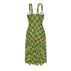 High-waist suspender dress featuring the Folkbloom pattern with colorful floral motifs and vintage-inspired botanical details in an ornate all-over print. Flowy statement dress with folk art aesthetic, cottagecore style, maximalist fashion, whimsical floral artwork, expressive queer friendly fashion, retro botanical design, artsy everyday wear, and playful alternative clothing perfect for brunch, vacations, festivals, casual outings, summer wear, and creative everyday fashion.
