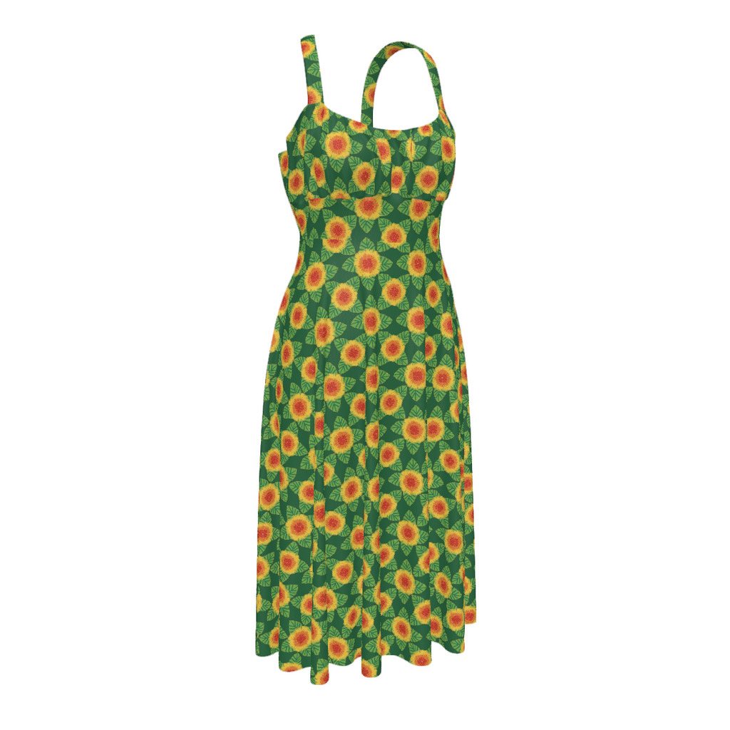 High-waist suspender dress featuring the Folkbloom pattern with colorful floral motifs and vintage-inspired botanical details in an ornate all-over print. Flowy statement dress with folk art aesthetic, cottagecore style, maximalist fashion, whimsical floral artwork, expressive queer friendly fashion, retro botanical design, artsy everyday wear, and playful alternative clothing perfect for brunch, vacations, festivals, casual outings, summer wear, and creative everyday fashion.