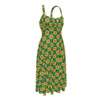 High-waist suspender dress featuring the Folkbloom pattern with colorful floral motifs and vintage-inspired botanical details in an ornate all-over print. Flowy statement dress with folk art aesthetic, cottagecore style, maximalist fashion, whimsical floral artwork, expressive queer friendly fashion, retro botanical design, artsy everyday wear, and playful alternative clothing perfect for brunch, vacations, festivals, casual outings, summer wear, and creative everyday fashion.