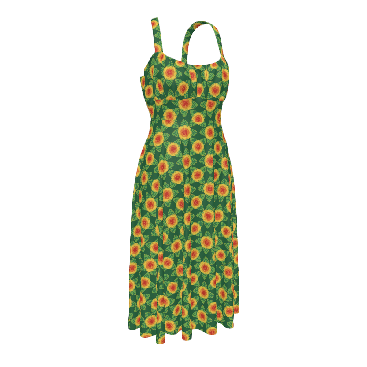 High-waist suspender dress featuring the Folkbloom pattern with colorful floral motifs and vintage-inspired botanical details in an ornate all-over print. Flowy statement dress with folk art aesthetic, cottagecore style, maximalist fashion, whimsical floral artwork, expressive queer friendly fashion, retro botanical design, artsy everyday wear, and playful alternative clothing perfect for brunch, vacations, festivals, casual outings, summer wear, and creative everyday fashion.