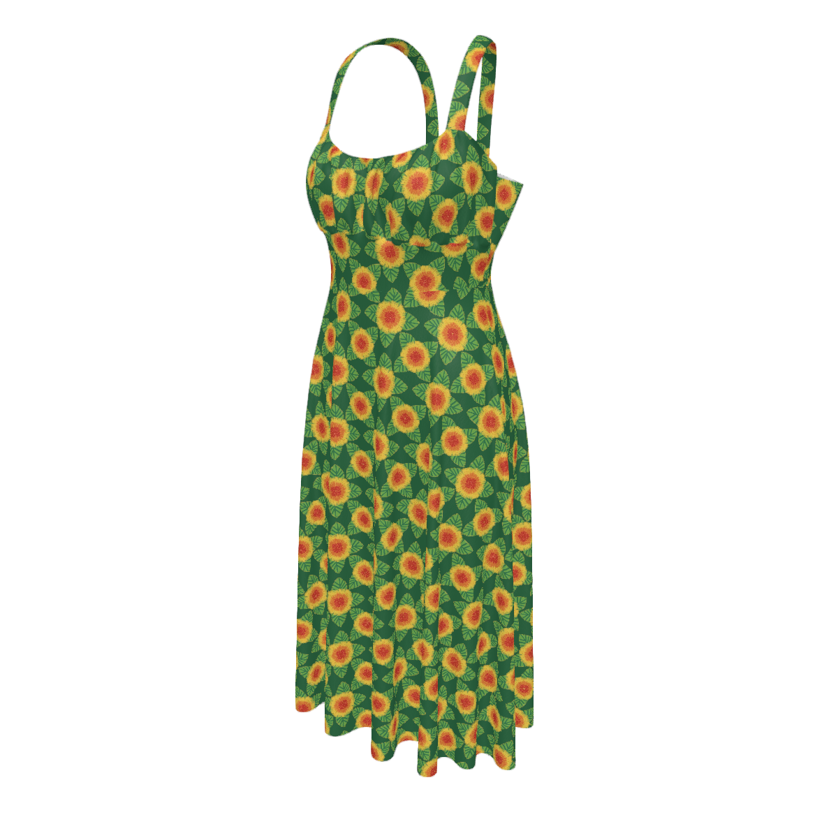 High-waist suspender dress featuring the Folkbloom pattern with colorful floral motifs and vintage-inspired botanical details in an ornate all-over print. Flowy statement dress with folk art aesthetic, cottagecore style, maximalist fashion, whimsical floral artwork, expressive queer friendly fashion, retro botanical design, artsy everyday wear, and playful alternative clothing perfect for brunch, vacations, festivals, casual outings, summer wear, and creative everyday fashion.