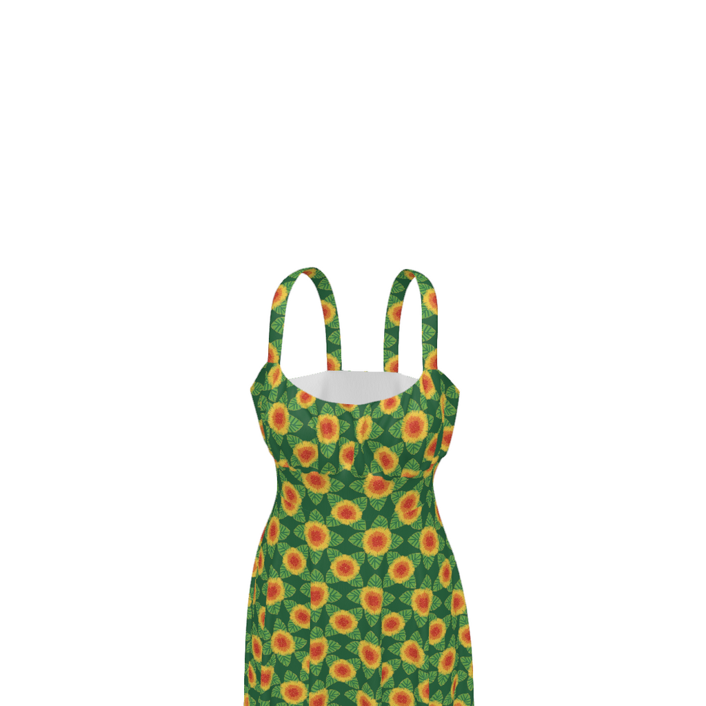High-waist suspender dress featuring the Folkbloom pattern with colorful floral motifs and vintage-inspired botanical details in an ornate all-over print. Flowy statement dress with folk art aesthetic, cottagecore style, maximalist fashion, whimsical floral artwork, expressive queer friendly fashion, retro botanical design, artsy everyday wear, and playful alternative clothing perfect for brunch, vacations, festivals, casual outings, summer wear, and creative everyday fashion.