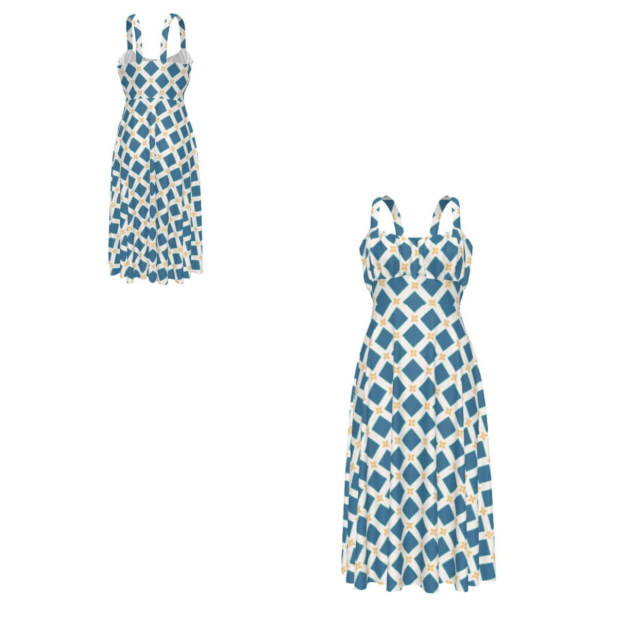 High-waist suspender dress featuring the Fleur Riviera pattern with ornate floral motifs and vintage-inspired botanical details in a colorful all-over print. Flowy statement dress with cottagecore aesthetic, folk art inspired fashion, whimsical maximalist style, expressive queer friendly fashion, artsy everyday wear, retro botanical design, and playful alternative clothing perfect for brunch, vacations, festivals, casual outings, summer wear, and creative everyday fashion.