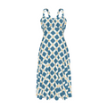 High-waist suspender dress featuring the Fleur Riviera pattern with ornate floral motifs and vintage-inspired botanical details in a colorful all-over print. Flowy statement dress with cottagecore aesthetic, folk art inspired fashion, whimsical maximalist style, expressive queer friendly fashion, artsy everyday wear, retro botanical design, and playful alternative clothing perfect for brunch, vacations, festivals, casual outings, summer wear, and creative everyday fashion.