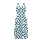 High-waist suspender dress featuring the Fleur Riviera pattern with ornate floral motifs and vintage-inspired botanical details in a colorful all-over print. Flowy statement dress with cottagecore aesthetic, folk art inspired fashion, whimsical maximalist style, expressive queer friendly fashion, artsy everyday wear, retro botanical design, and playful alternative clothing perfect for brunch, vacations, festivals, casual outings, summer wear, and creative everyday fashion.