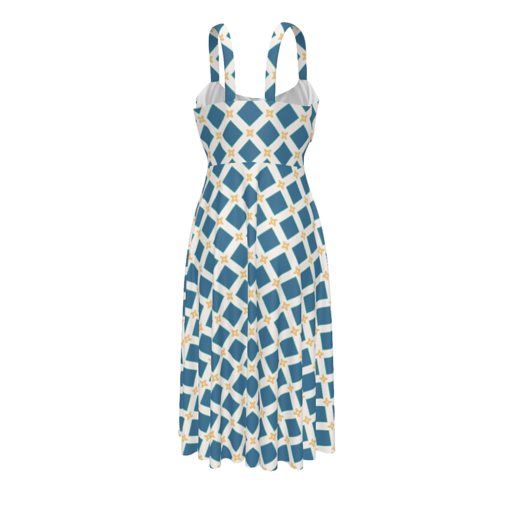 High-waist suspender dress featuring the Fleur Riviera pattern with ornate floral motifs and vintage-inspired botanical details in a colorful all-over print. Flowy statement dress with cottagecore aesthetic, folk art inspired fashion, whimsical maximalist style, expressive queer friendly fashion, artsy everyday wear, retro botanical design, and playful alternative clothing perfect for brunch, vacations, festivals, casual outings, summer wear, and creative everyday fashion.