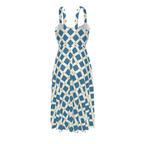 High-waist suspender dress featuring the Fleur Riviera pattern with ornate floral motifs and vintage-inspired botanical details in a colorful all-over print. Flowy statement dress with cottagecore aesthetic, folk art inspired fashion, whimsical maximalist style, expressive queer friendly fashion, artsy everyday wear, retro botanical design, and playful alternative clothing perfect for brunch, vacations, festivals, casual outings, summer wear, and creative everyday fashion.