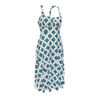 High-waist suspender dress featuring the Fleur Riviera pattern with ornate floral motifs and vintage-inspired botanical details in a colorful all-over print. Flowy statement dress with cottagecore aesthetic, folk art inspired fashion, whimsical maximalist style, expressive queer friendly fashion, artsy everyday wear, retro botanical design, and playful alternative clothing perfect for brunch, vacations, festivals, casual outings, summer wear, and creative everyday fashion.