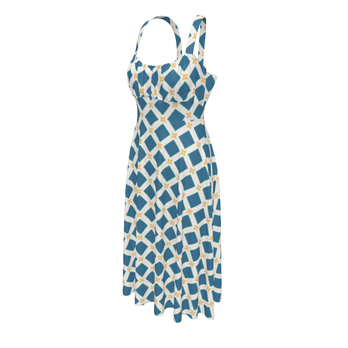 High-waist suspender dress featuring the Fleur Riviera pattern with ornate floral motifs and vintage-inspired botanical details in a colorful all-over print. Flowy statement dress with cottagecore aesthetic, folk art inspired fashion, whimsical maximalist style, expressive queer friendly fashion, artsy everyday wear, retro botanical design, and playful alternative clothing perfect for brunch, vacations, festivals, casual outings, summer wear, and creative everyday fashion.