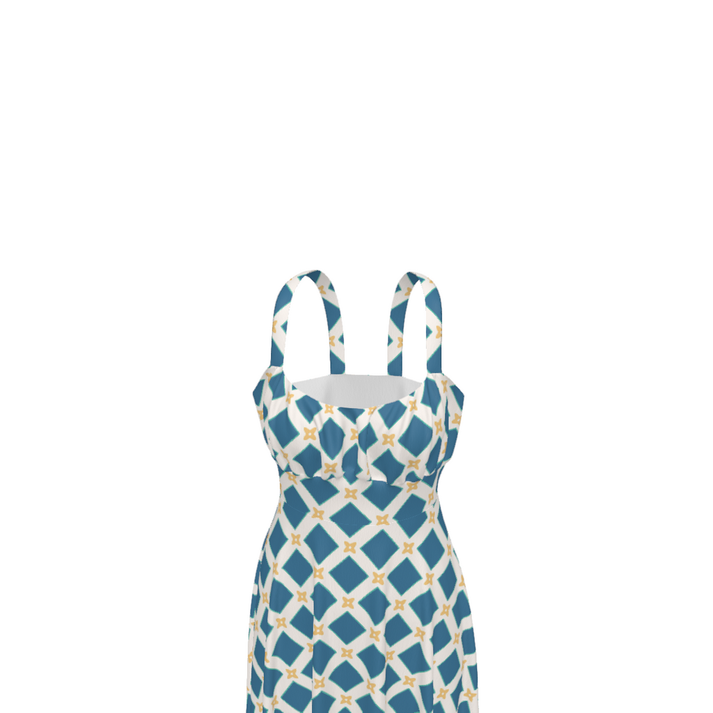 High-waist suspender dress featuring the Fleur Riviera pattern with ornate floral motifs and vintage-inspired botanical details in a colorful all-over print. Flowy statement dress with cottagecore aesthetic, folk art inspired fashion, whimsical maximalist style, expressive queer friendly fashion, artsy everyday wear, retro botanical design, and playful alternative clothing perfect for brunch, vacations, festivals, casual outings, summer wear, and creative everyday fashion.