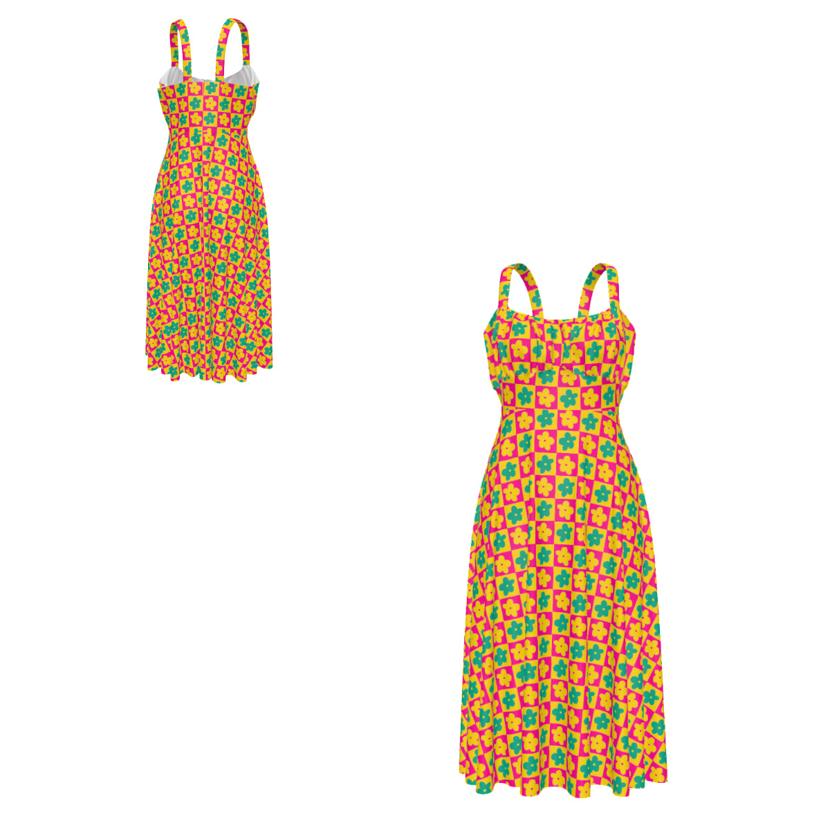 High-waist suspender dress featuring a playful all-over print design with a soft flowy silhouette and vintage-inspired style. Alternative fashion dress with indie streetwear aesthetic, whimsical casualwear, expressive queer friendly fashion, artsy everyday outfit, retro inspired silhouette, and statement alternative clothing perfect for brunch, vacations, festivals, casual outings, summer wear, and everyday creative fashion.