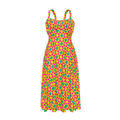 High-waist suspender dress featuring a playful all-over print design with a soft flowy silhouette and vintage-inspired style. Alternative fashion dress with indie streetwear aesthetic, whimsical casualwear, expressive queer friendly fashion, artsy everyday outfit, retro inspired silhouette, and statement alternative clothing perfect for brunch, vacations, festivals, casual outings, summer wear, and everyday creative fashion.