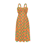 High-waist suspender dress featuring a playful all-over print design with a soft flowy silhouette and vintage-inspired style. Alternative fashion dress with indie streetwear aesthetic, whimsical casualwear, expressive queer friendly fashion, artsy everyday outfit, retro inspired silhouette, and statement alternative clothing perfect for brunch, vacations, festivals, casual outings, summer wear, and everyday creative fashion.