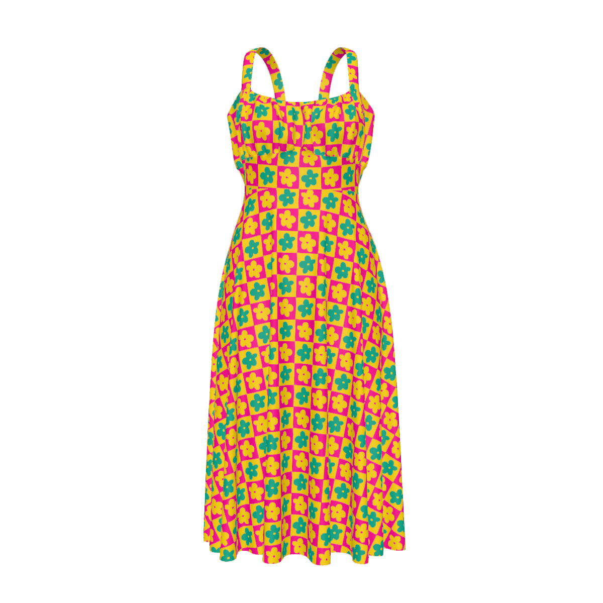 High-waist suspender dress featuring a playful all-over print design with a soft flowy silhouette and vintage-inspired style. Alternative fashion dress with indie streetwear aesthetic, whimsical casualwear, expressive queer friendly fashion, artsy everyday outfit, retro inspired silhouette, and statement alternative clothing perfect for brunch, vacations, festivals, casual outings, summer wear, and everyday creative fashion.