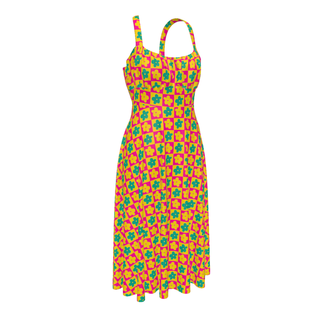 High-waist suspender dress featuring a playful all-over print design with a soft flowy silhouette and vintage-inspired style. Alternative fashion dress with indie streetwear aesthetic, whimsical casualwear, expressive queer friendly fashion, artsy everyday outfit, retro inspired silhouette, and statement alternative clothing perfect for brunch, vacations, festivals, casual outings, summer wear, and everyday creative fashion.